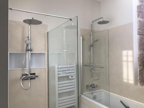 La salle de bains est pourvue d'une douche et d'une douche vitrée. dans l'établissement Maison ancienne école, à Cazères-sur-lʼAdour