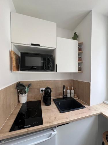 a kitchen with a sink and a microwave at Studio cosy cœur de ville in Vienne