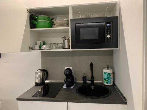 a kitchen counter with a microwave and a sink at Casa Armonia Apartment Sulmona in Sulmona