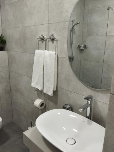 a bathroom with a white sink and a mirror at Hotel IUG in Taraclia