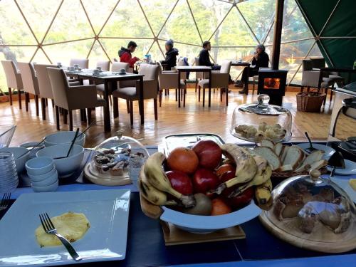 a blue table with a bowl of fruit on it at Patagonia Eco Domes in El Chalten