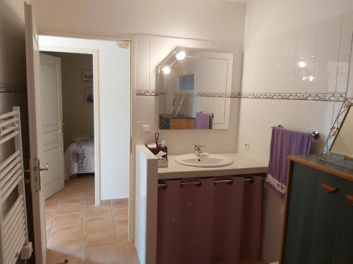 une salle de bain avec un lavabo et un miroir dans l'établissement Le Lézard pâle, à Corneilla-la-Rivière