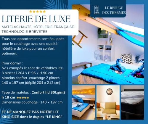 a flyer for a hotel room with a bed and a slide at Le King & Suites étoilées in Gréoux-les-Bains