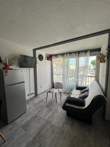 - un salon avec un canapé et un réfrigérateur dans l'établissement Pieds dans l eau en Camargue, au Grau-du-Roi