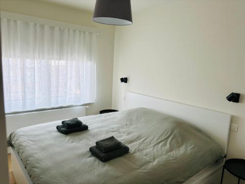 a bedroom with a bed with two pillows on it at Hip en lichtrijk appartement vlakbij het strand in Knokke-Heist
