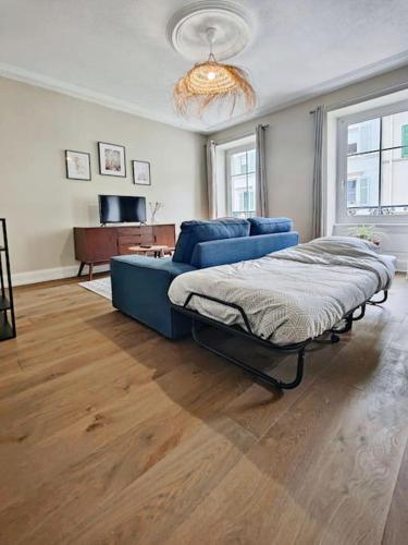 un salon avec un canapé bleu dans une pièce dans l'établissement L'Haussmannien Moderne - Centre-ville - Elégant, à Mulhouse