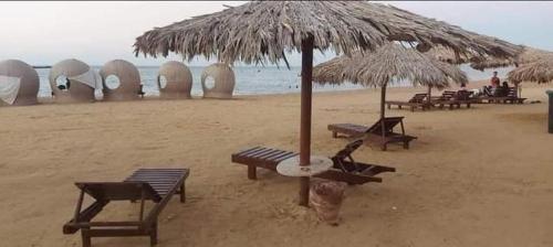 a group of benches and umbrellas on a beach at Hurghada Chalet Hotel rent in Hurghada