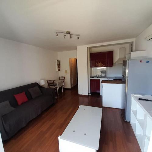 un salon avec un canapé noir et une cuisine dans l'établissement Spacieux Studio proche mer terrasse clim parking, à Six-Fours-les-Plages