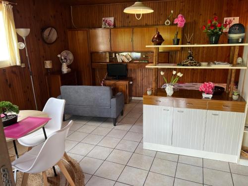 un salon avec un canapé et une table dans l'établissement Agréable studio 2024, à Laroquebrou