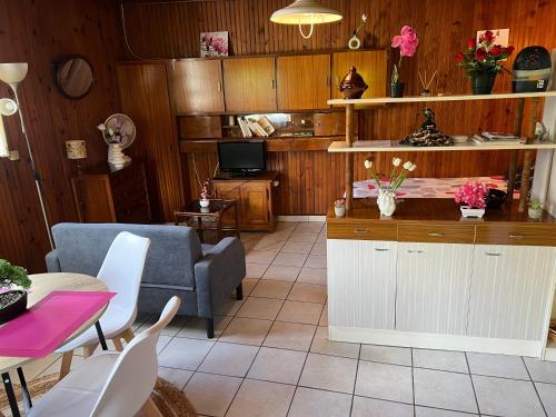 un salon avec un canapé et une table dans l'établissement Agréable studio 2024, à Laroquebrou