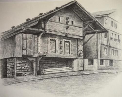 a drawing of a wooden house with at B & B Brienz in Brienz