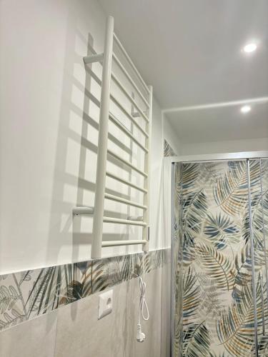 a bathroom with a shower and a shower curtain at Sempre di Domenica in Santo Spirito