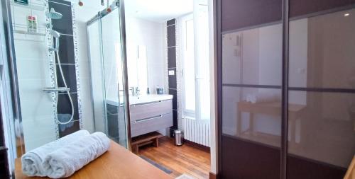 une salle de bain avec une douche en verre et un lavabo dans l'établissement Belle Maison d Armateur Sablais - Les Sables d Olonne, à Les Sables-dʼOlonne