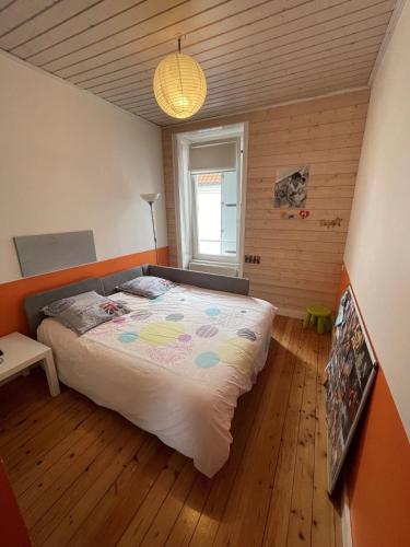 une chambre avec un grand lit dans une pièce dans l'établissement Lieutenant Anger - Agreable Maison a 2 pas du quai, à Les Sables-dʼOlonne
