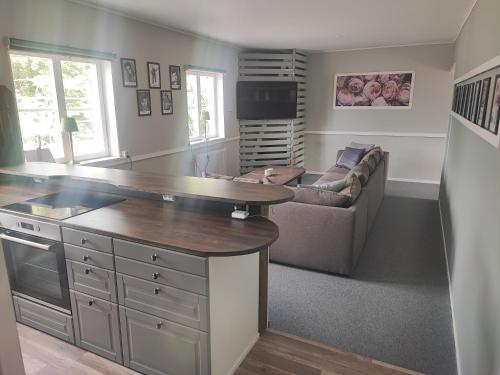 a kitchen and living room with a couch at Sjugare Gård Bed & Breakfast in Leksand