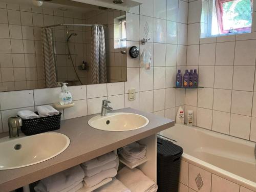 a bathroom with a sink and a tub and a mirror at La Nuova Casa del Campo (vh De Kamp) in Dinxperlo