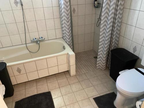 a bathroom with a tub and a toilet and a sink at La Nuova Casa del Campo (vh De Kamp) in Dinxperlo