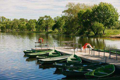 a group of green boats parked next to a dock at LVM dabas parka glempings in Tērvete