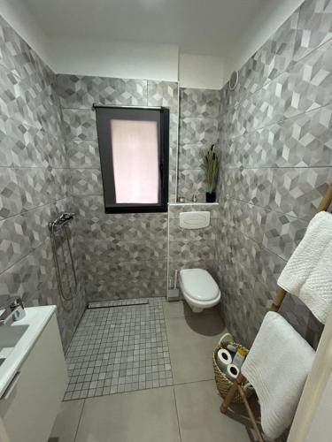 une salle de bain avec toilettes, lavabo et fenêtre dans l'établissement Studio indépendant Valbonne proche Cannes et Sophia Antipolis, à Valbonne