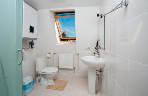 a white bathroom with a toilet and a sink at Mіnі Gotel Pozitiv in Horodets'ke