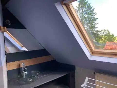 un bagno con lavandino e finestra di Au coin du loup, monts de Flandres, Zwarteberg a Saint-Jans-Cappel