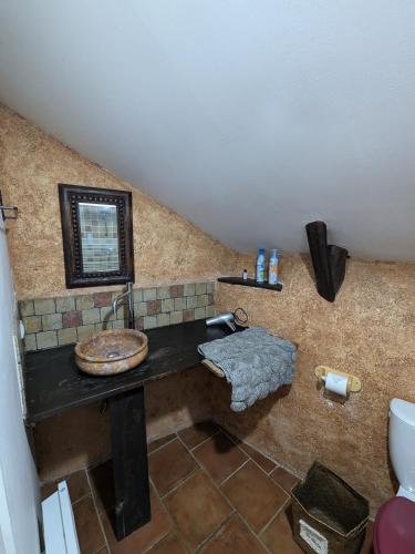 une salle de bain avec un lavabo et des toilettes dans l'établissement Le lys de la vallée, à  Labastide-sur-Bésorgues
