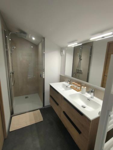 La salle de bains est pourvue d'une douche et d'un lavabo blanc. dans l'établissement Gîte atypique de Maubourg, de une à 8 personnes, proche départ passerelle, à Saint-Maurice-de-Lignon