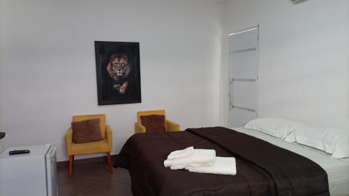 a bedroom with a bed with two chairs and a painting at Biomas Hotel in Brotas