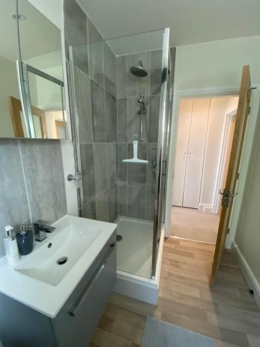a bathroom with a white sink and a shower at Coachmans Rest in Sandwich