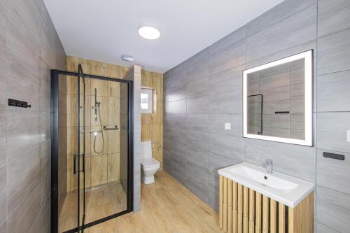 a bathroom with a sink and a shower and a toilet at Wellness Chalupa Hayek in Česká Ves