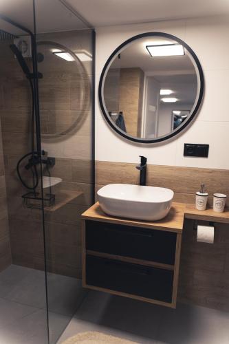a bathroom with a sink and a mirror at Zielony Apartament in Bachowice