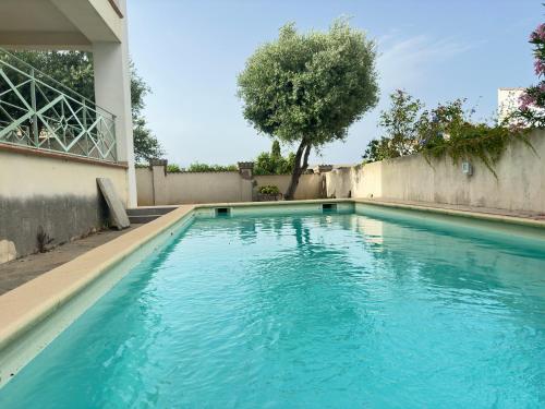 une piscine avec de l'eau bleue devant une maison dans l'établissement Appartement Logement entier avec piscine, à Biguglia
