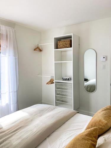 a bedroom with a bed and a mirror at Chalet au bord du lac in Saint Adolphe D'Howard
