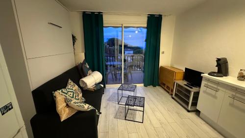 een woonkamer met een bank en een televisie bij Lumineux studio vue mer in Sainte-Maxime