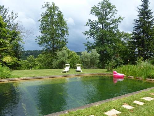 2 chaises et un bateau rouge dans un étang dans l'établissement Maison de charme, piscine naturelle Dordogne Périgord, à Prats-du-Périgord