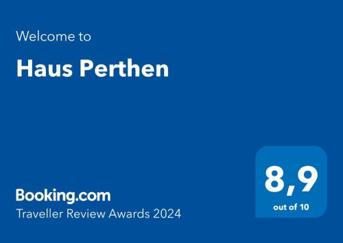 a blue screen with the words hawkins perrier review awards at Haus Perthen in Berggiesshübel
