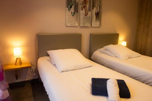 two twin beds in a room with two lamps at Domaine Saint Thomas in Argelès-sur-Mer