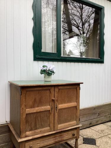 a wooden dresser with a potted plant on it under a window at De Heijense Molen Retro Camping in Heijen