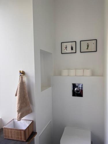 La salle de bains est pourvue de toilettes et d'une étagère avec des serviettes. dans l'établissement Le Meix Saint Vital, à Barizey