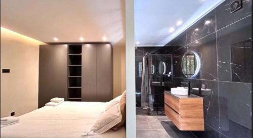 - deux photos d'une chambre avec un lit et un miroir dans l'établissement Appartement Cannes 10mn des plages, à Cannes