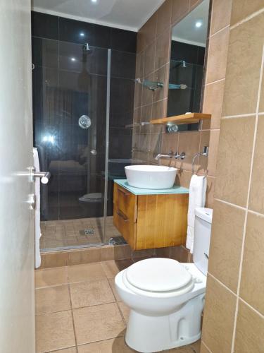 a bathroom with a toilet and a sink and a shower at Accommodation Front - Ocean View 2 Sleeper in Durban