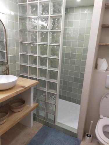 une salle de bain avec une douche, un lavabo et des toilettes dans l'établissement marie, à Anglet