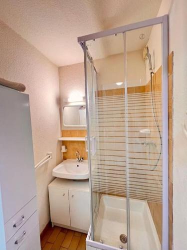 une salle de bain avec douche et lavabo dans l'établissement L'Olive du Cap, au Cap d'Agde