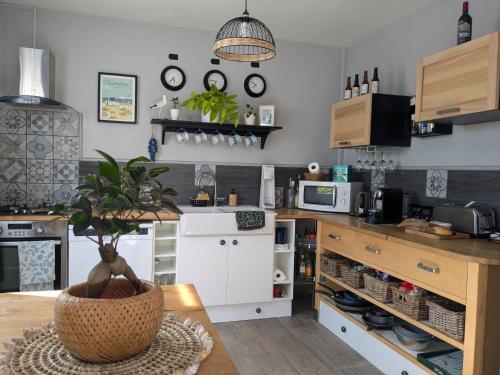 une cuisine avec une plante en pot sur une table dans l'établissement Maison de pêcheur à 150 m de la mer avec jacuzzi, à Ouistreham