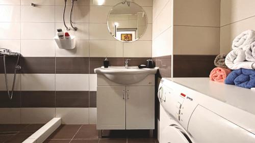 une salle de bain avec un lavabo et un miroir dans l'établissement Apartments Hrvatin No 5 Sarajevo, à Sarajevo