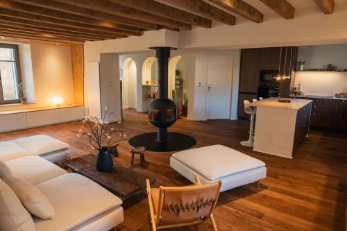 a living room with a white couch and a kitchen at Les Biches, Maison Familiale jusqu'à 10 personnes in Noyers-sur-Cher