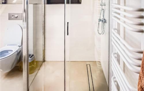 a bathroom with a toilet and a glass shower stall at Cozy Home In Wilczyce in Wilczyce