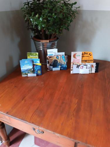 a wooden table with books on it with a potted plant at La Foppa in Zogno