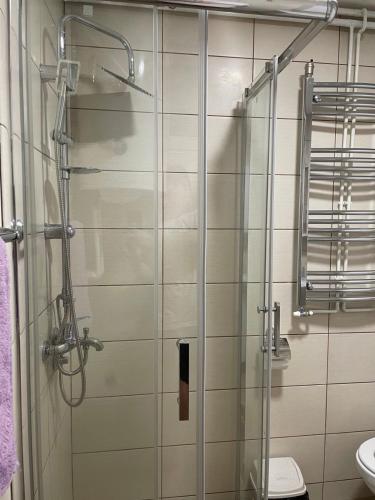a bathroom with a glass shower with a toilet at Apartmani Vrla NEW in Vladičin Han