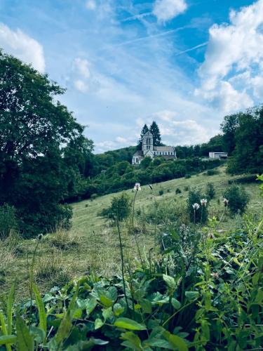 a house on a hill with a field of flowers at Maison de maître 15 personnes in Lierval